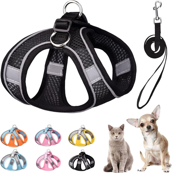 Soft Small Dog Harness And Leash Set Step In Air Mesh Puppy Harness Leash Easy Walk Dog Harness Vest Adjustable Reflective No Pull Dog Harnesses For Small Dogs Cats (Black,Xxs)