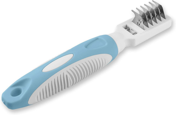 Pets First Professional Pet Mat Remover - Dematting Tool For Grooming Cats & Dogs - Removes Matted Fur, Tangles, Knots, Loose Hair & Dirt - Stainless Steel, Gentle Teeth, Soft Comfort Grip Handle,Blue