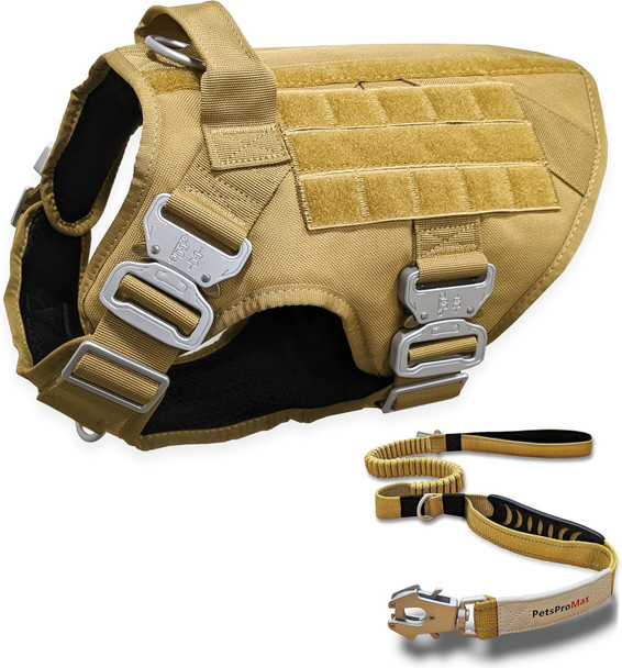 Tactical Dog Harness With Tactical Dog Leash (2 In 1 Bundle) Military Style Tactical Dog Vest Harnesses Metal Buckle And Bungee Dog Leash With Car Seat Buckle - Brown (L)