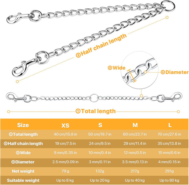 Pettom Heavy Duty 2 Way Dog Lead Metal Chain Double Pet Clip Leash Coupler 360° Swivel No Tangle Double Dog Walking & Training Leash(Xs 2.5Mm40Cm Double Leash, Silver)