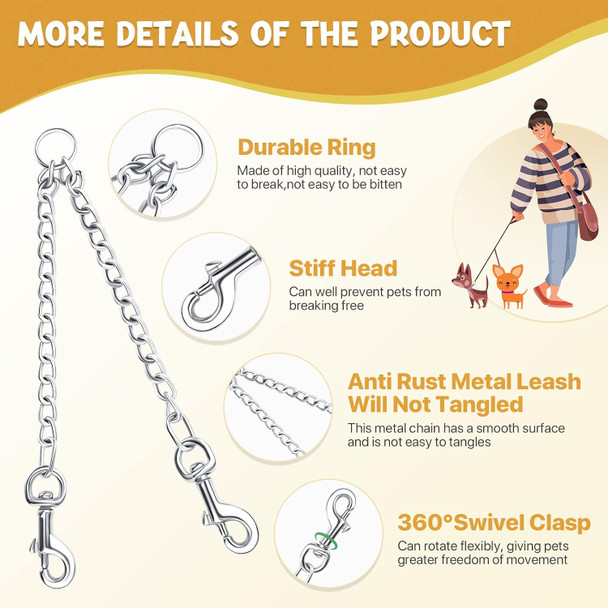 Pettom Heavy Duty 2 Way Dog Lead Metal Chain Double Pet Clip Leash Coupler 360° Swivel No Tangle Double Dog Walking & Training Leash(Xs 2.5Mm40Cm Double Leash, Silver)