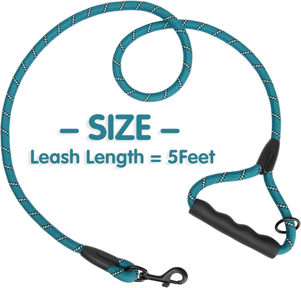 Phoepet 5 Feet Dog Leash Reflective Heavy Duty Padded Rubber Handle 360° No Tangles For Small Medium And Large Dogs(Teal)