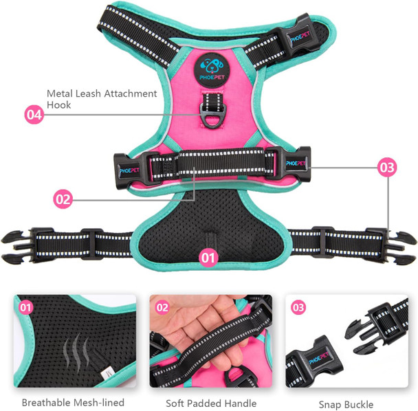 Phoepet 2019 d No Pull Dog Harness, Reflective Adjustable Vest, With A Training Handle + 2 Metal Leash Hooks+ 3 Snap Buckles +4 Slide Buckles(L, Pink)