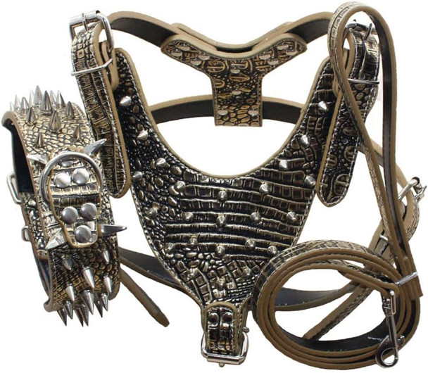 Leather Spiked Studded Harnesses, Collars & Leashes 3Pcs Matching Set For Medium & Large Dogs Pitbull,Mastiff, Boxer, Bull Terrier (Gold Brown1, Xl) Leather Spiked Studded Harnesses, Collars & Leashes 3Pcs Matching Set For Medium & Large Dogs Pitbull,Mastiff, Boxer, Bull Terrier (Gold Brown1, Xl)
