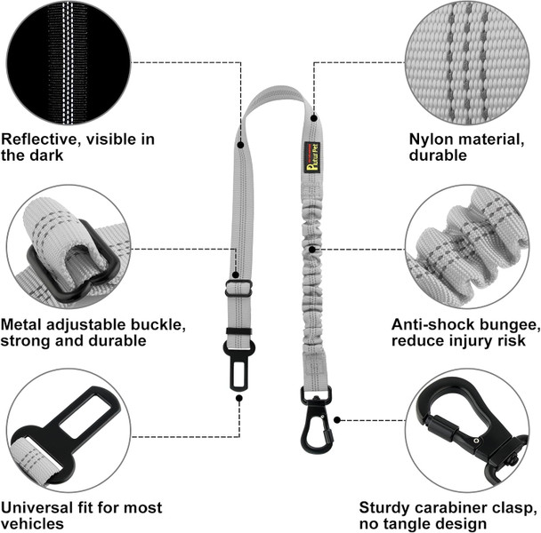 Plutus Pet Dog Seat Belt For Car, Adjustable Dog Car Harness With Carabiner Clip, Reflective Safety Dog Seatbelt Leash With Elastic Bungee, Gray