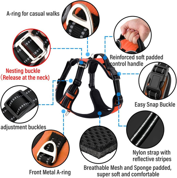 Plutus Pet No Pull Dog Harness, Release At Neck, Adjustable Reflective No-Choke Dog Vest Harness, Soft Padded With Easy Control Handle, For Small Medium Large Dogs (S, Orange)