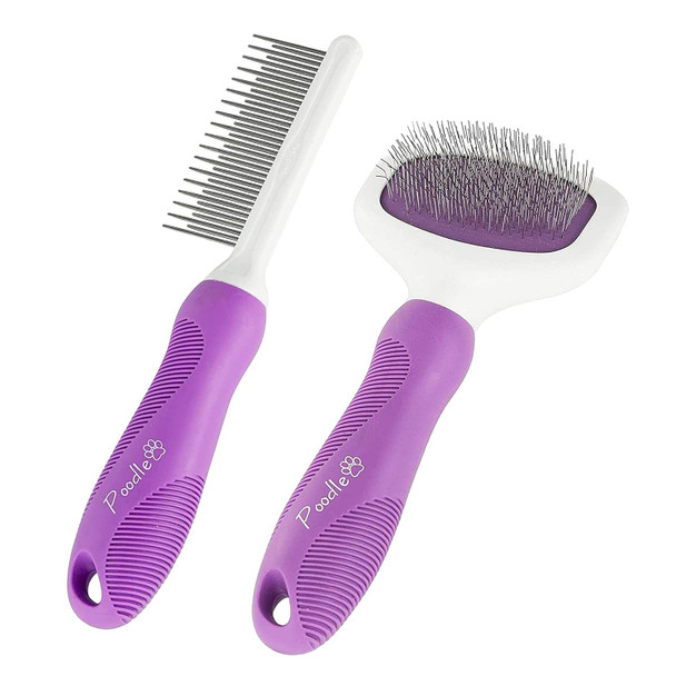 Poodle Pet Bundle - Detangling Pet Comb Detangler Tool Grooming Comb For Dog And Cat + Slicker Brush For Small And Large Dogs Grooming Brush