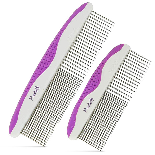 Poodle Pet Dog Combs For Grooming 2 Pack Stainless Steel Teeth Easily Remove Dirt Proper Care Prevents Knots And Mats For Long And Short Haired Pets Anti-Slip Comfort Grip Handle Purple