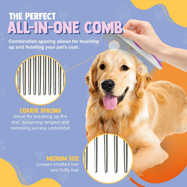 Poodle Pet Dog Combs For Grooming 2 Pack Stainless Steel Teeth Easily Remove Dirt Proper Care Prevents Knots And Mats For Long And Short Haired Pets Anti-Slip Comfort Grip Handle Purple