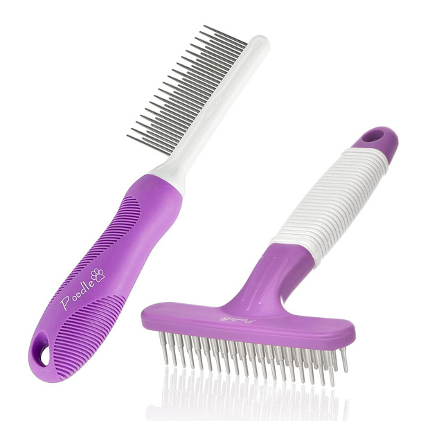 Detangling Pet Comb With Long & Short Stainless Steel Teeth For Removing Matted Fur, Knots & Tangles (Grooming Comb) And Dog Grooming Rake - Dematting Tool With Stainless Steel Shedding Comb Bundle