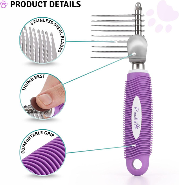 Poodle Pet Dematting Fur Rake Comb Brush Tool Dog Rake Brush - Dog Brush For Goldendoodle & Cat Comb With Long 2.5” Steel Safety Blades Metal Dog Comb For Detangling Matted Or Knotted Undercoat Hair