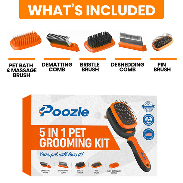 5-In-1 Dog & Cat Grooming Kit – Professional Pet Brushes With Interchangeable Bath, Massage, Dematting, Deshedding, Bristle & Pin Combs