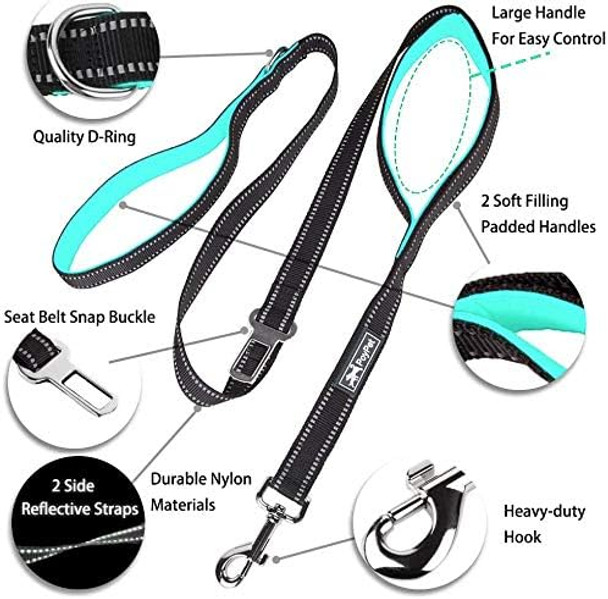 Poypet 5 Feet Dog Leash - 3M Reflective - 2 Cushioned Handles - Functional Car Seat Belt(Mint Blue)