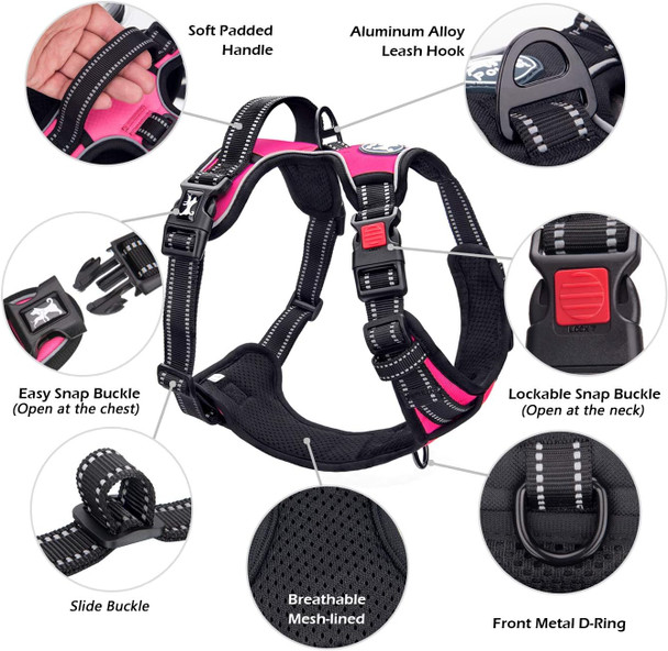 Poypet No Pull Dog Harness, No Choke Front Clip Dog Reflective Harness, Adjustable Soft Padded Pet Vest With Easy Control Handle For Small To Large Dogs(Pink,M)
