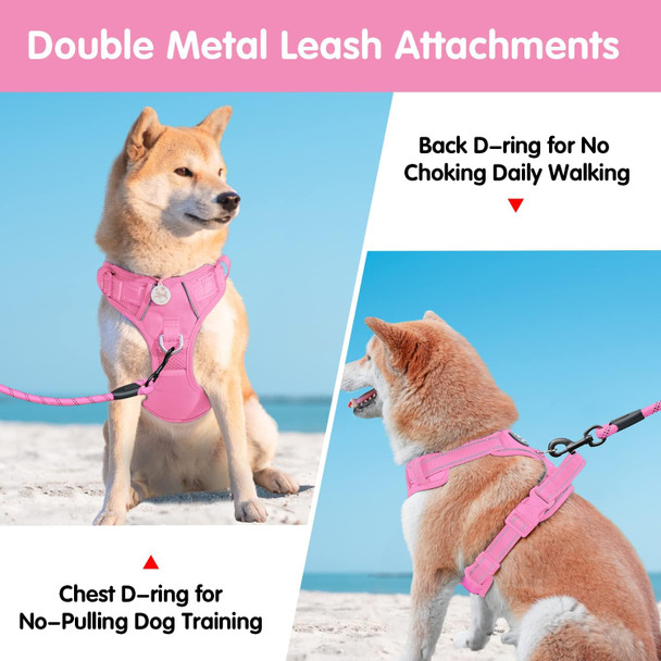 Poypet No Pull Dog Harness And 5 Feet Leash Set, Release On Neck Reflective Adjustable Pet Vest, Front & Back 2 D-Ring And Soft Padded Pet Harness With Handle For Small To Large Dogs(Pink,Xl)