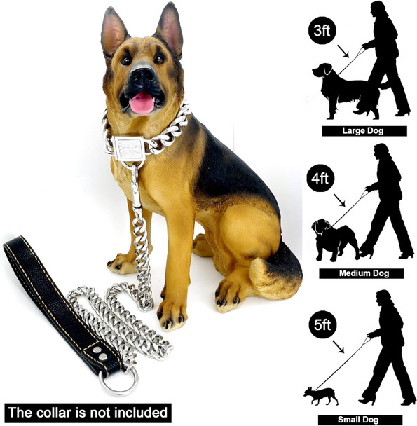 Chain Dog Leash Metal Chew Proof 12Mm Pet Leash Chain With Leather Padded Handle For Large Medium Small Dogs(Total Length Of 3Ft)