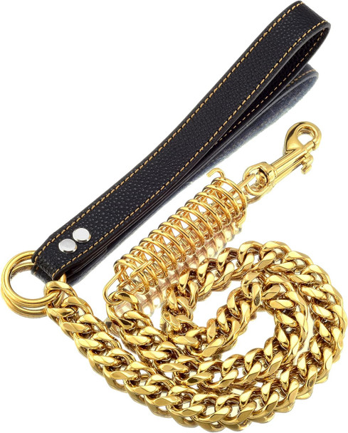 Dog Chain Leash Dog Heavy Duty Strong Chew Proof 19Mm 2Ft 3Ft 4Ft 18K Gold Chrome Stainless Steel Cuban Link Chain Labor-Saving Spring With Leather Handle For Medium Large Dogs(2Ft)