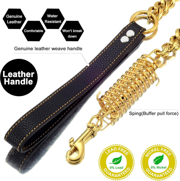 Dog Chain Leash Dog Heavy Duty Strong Chew Proof 19Mm 2Ft 3Ft 4Ft 18K Gold Chrome Stainless Steel Cuban Link Chain Labor-Saving Spring With Leather Handle For Medium Large Dogs(2Ft)