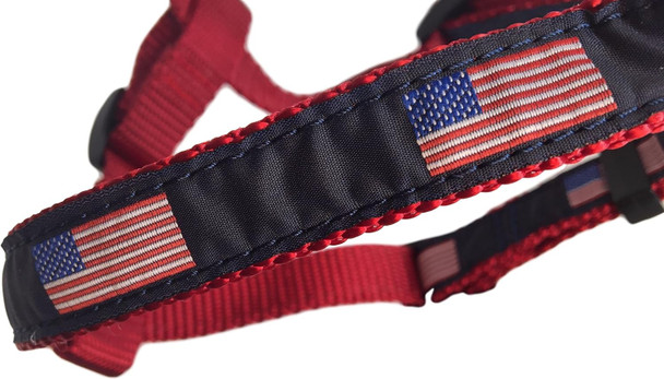 Preston American Flag Dog Step In Harness - American Flag On Navy Blue Ribbon With Red Nylon Webbing (Small)