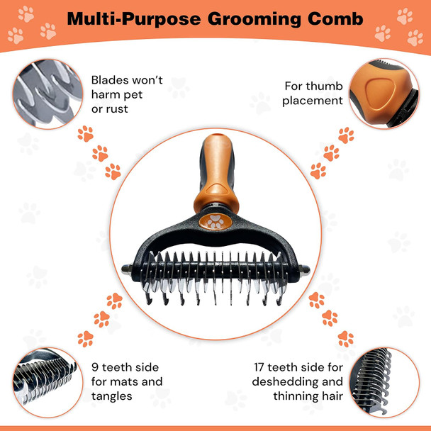 2 In 1 Pet Hair Dematting Tool Tough Mats And Tangles Undercoat Rake Comb Dogs Cats Rabbits Hairy Pets Holiday Professional Grooming Brush For Deshedding Extra Wide (Orange)
