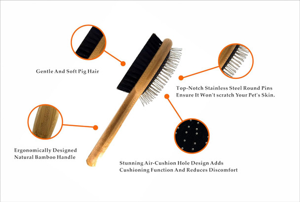 Probusines-2-In-1 Double Sided Detangling Pet Brush Natural Bamboo Fiber Pet Brush For Long Haired Dogs And Cats Pet Grooming Comb For Removing Shed, Tangled And Dead Undercoat