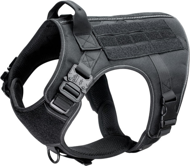 Tactical Dog Harness. No Pull Adjustable Easy To Control Pet Harness With Handle, Reflective Patch For Training, Service. Heavy Duty Military K9 Dog Vest With Hook Loop Panel, Black L
