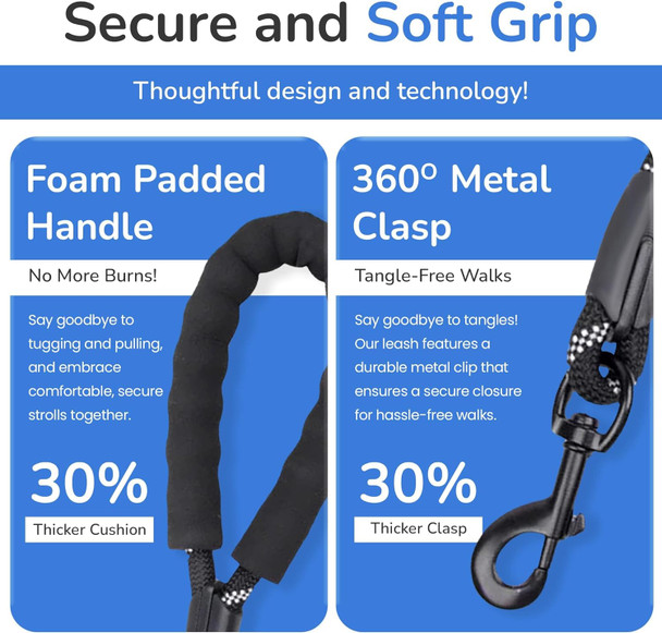 5Ft Strong Dog Rope Leash With Soft Comfortable Padded Handle And Highly Reflective Threads,Heavy Duty Dog Leash For Small Medium And Large Dogs,For Training Running And Walking (Black)