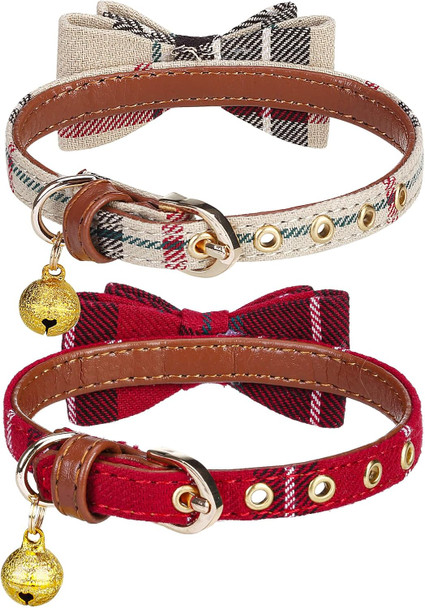 Pupteck Puppy Collar With Bell - 2 Pack Plaid Small Dog Collar Charm Adjustable Bowtie Soft Leather Cat Collar For Kitten And Puppy, 8-10