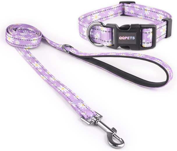 Reflective Dog Collar Leash Combo: Puppy Small Medium Large Adjustable Cute Matching Collar Set For Pet Girl/Boy Comfy Easy Walk Running Outdoor Hiking (Xs Small, Purple)