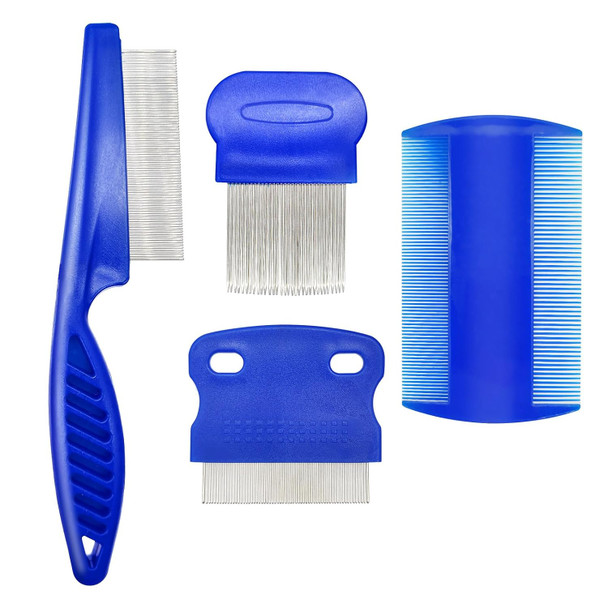 4 Different Kinds Of Flea Combs, Stainless Steel Round Teeth Dog Cat Lice Combs, Durable Fine Tooth Pet Tear Stain Remover Tool (Blue)