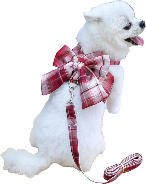 Qwinee 2Pcs Plaid Dog Harness & Leash Set Bow Dog Harness Vest Walking Training Easy Control Dog Leash For Small Medium Girls Dogs Cats Puppy Burgundy Large