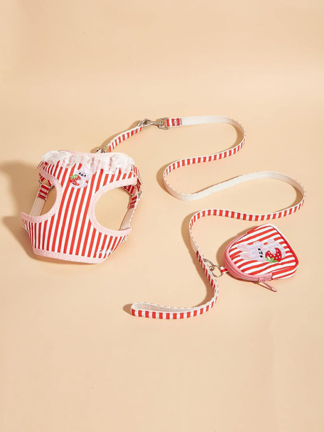 Qwinee Rabbit Decor Striped Cute Dog Harness And Leash Sets With Pet Bag For Small Medium Dog Puppy Kitten Kitty Cat Red M