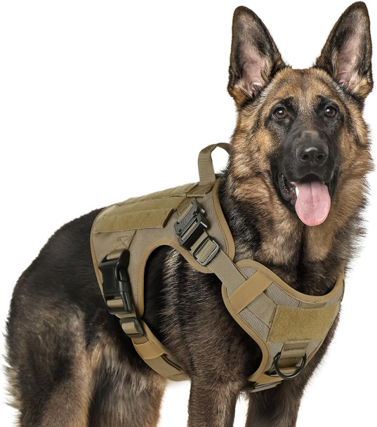 Rabbitgoo Tactical Dog Harness For Large Dogs, Heavy Duty Dog Harness With Handle, No-Pull Service Dog Vest Large Breed, Adjustable Military Dog Vest Harness For Training Hunting Walking, Brown, L