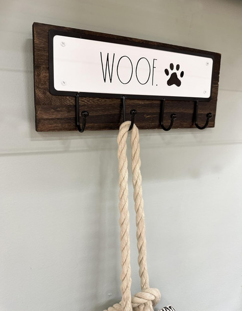 Rae Dunn Dog Leash Holder For Wall - Cute Dog Leash Hook Holder And Wall Mount Hanger Organizer For Pet Items, Keys, Collar And Leashes - Pet Themed Messages With Paw Print - Dark Wood