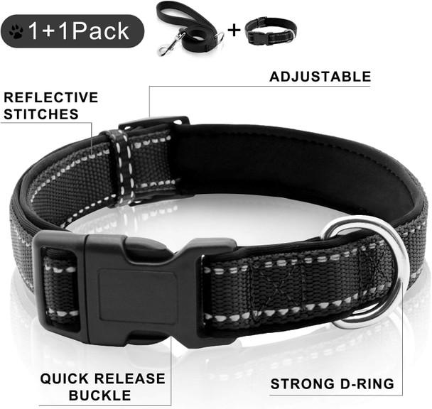 Nylon Dog Collar And Leash Set, Soft Handle With Padded, Adjustable Reflective Dog Collars With Quick Release Buckle For Small Dogs, Black, S(4Ft Leash+Neck 12-16)