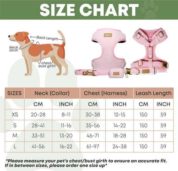 Luxury Dog Banks Harness Set In Light Pink - Light Pink Corduroy Padded Harness, Collar, Leash And Poop Holder Set Fits Small, Medium And Large Sized Dogs Poop Bag (Xs)