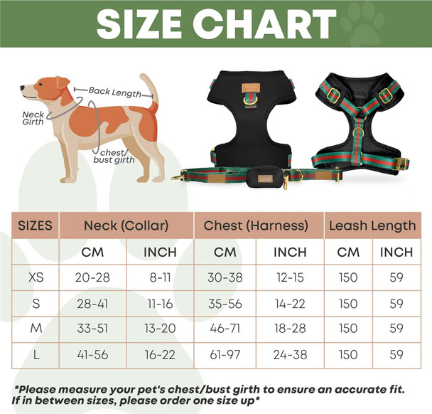 Luxury Dog Bentley Harness Set In Black - Black Neoprene Padded Harness, Collar, Leash And Poop Holder Set Fits Small, Medium And Large Sized Dogs Poop Bag Included (M)