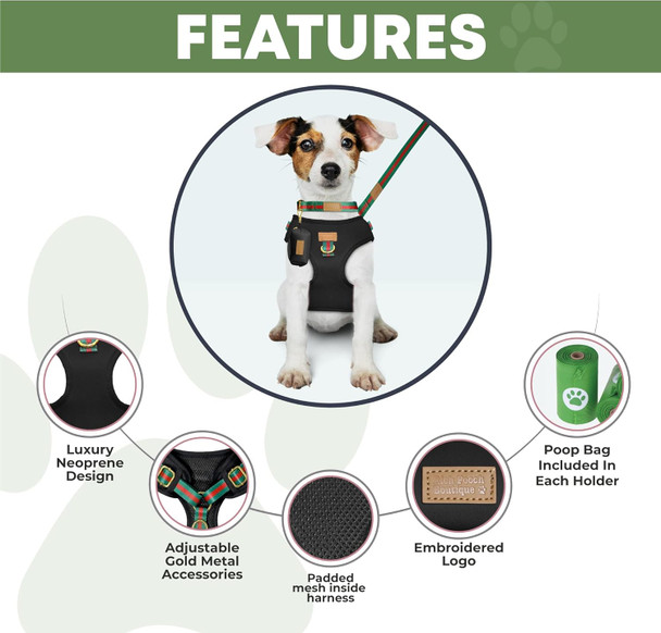 Luxury Dog Bentley Harness Set In Black - Black Neoprene Padded Harness, Collar, Leash And Poop Holder Set Fits Small, Medium And Large Sized Dogs Poop Bag Included (M)