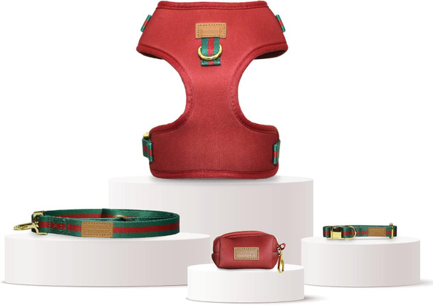 Luxury Dog Bentley Harness Set In Red - Red Neoprene Padded Harness, Collar, Leash And Poop Holder Set Fits Small, Medium And Large Sized Dogs Poop Bag Included (Xs)