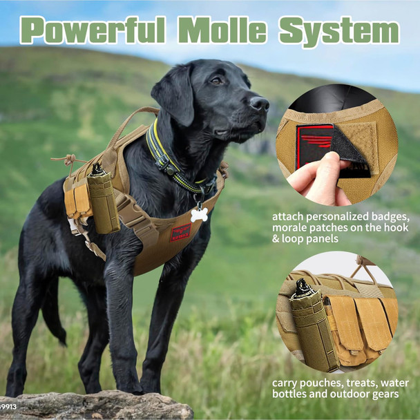 Tactical Dog Harness, 2Pcs Military Dog Vest Harnesses Adjustable Service Dog Vest Harness Molle Pet Harness With Handle For Training Walking Running Hunting Hiking Working (Khaiki&Black, L)