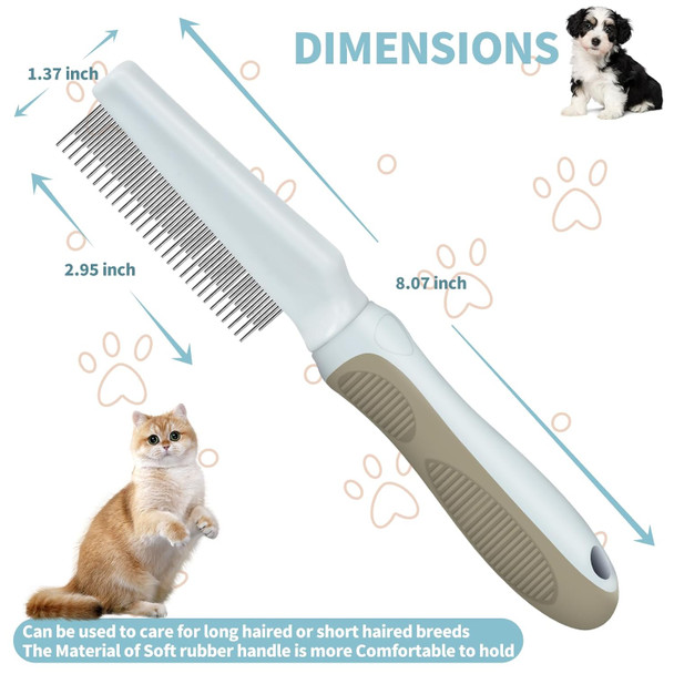 Ropo Pet Grooming Comb For Dogs And Cats, Flea Comb, Long Handled Pet Comb 2 In 1 Long And Short Stainless Steel Metal Teeth For Tangle And Knot Removal - Detangling Brush