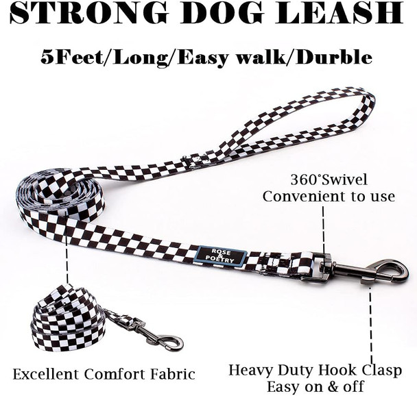 Roses&Poetry Dog Collar And Leash For Medium Large,Adjustable Durable 5Ft Puppy Leash Collar For Dog Training Lead（Black & White-M）