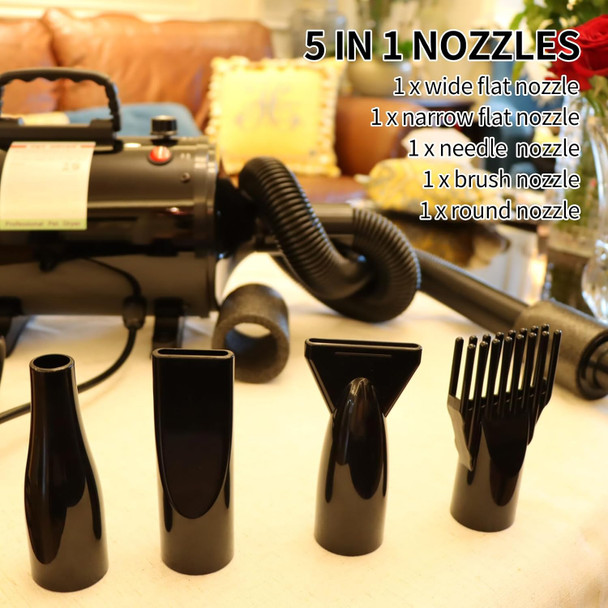 Dog Dryer, Dog Blow Dryer, High Velocity Professional Pet Grooming Dryer For Large Dogs, Adjustable Temperature And Speed, 4 Different Exhaust Nozzles, Anti-Hot Grip, With Brush