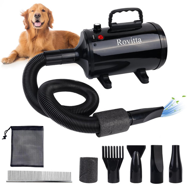 Dog Dryer For Large Dogs, Dog Blow Dryer, High Velocity Dog Hair Dryer, Pet Dryer Pet Grooming With Adjustable Speed And Temperature, With Dog Steel Comb, Brush, Nozzles And Storage Bag