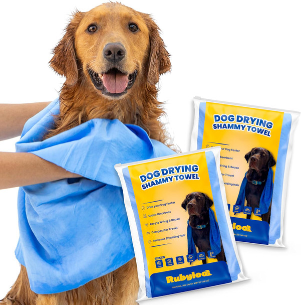 Shammy Dog Towels For Drying Dogs Large - 2Pk (34 X 26) - Quick-Dry Technology Dries Dogs 2X Faster - Easy To Wring Out & Reuse - Ultra Absorbent- Compact - For Bath, Swim, Rain, Travel, Cooling