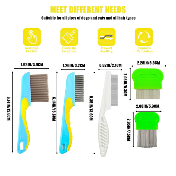5Pcs Flea Comb,Dematting Comb For Dog And Cat,Stainless Steel Teeth Head Nit Comb For Small,Medium&Large Pets,Lice Combs,Tick Comb For Dogs,Dog Combs For Grooming(A-Blue Green White)