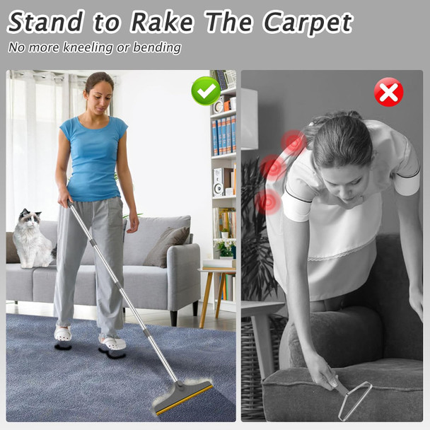 Carpet Rake For Pet Hair Removal, Reusable Dog Hair Remover With 46”Adjustable Long Handle, 2 In 1 Advanced Dog Hair Broom Cat Fur Brush, Carpet Scraper Remover Tool(Grey)