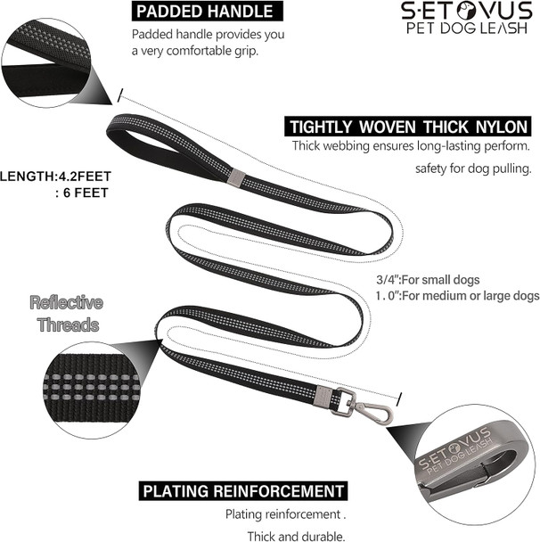 Reflective Dog Leash, 4.2 Ft Dog Leashes For Large Dogs Heavy Duty, Padded Handle Nylon Leash For Walking, Running And Training, Black