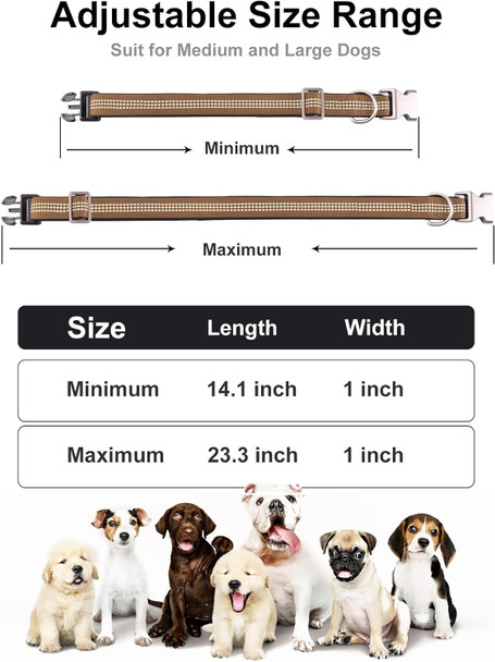 Reflective Dog Collar, Soft Neoprene Padded Nylon Pet Collar, Adjustable Puppy Collars For Medium Small Dogs - Quick Release Metal Buckle, Brown