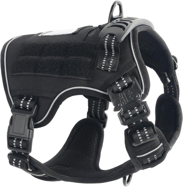 Tactical Dog Harness With Airtag Pocket Reflective Military Dog Harness With Metal Buckle Leash Rings Adjustable Soft Padded Heavy Duty Dog Harness With Rubber Handle For Large Dog Black L